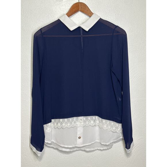 Cosmo NWT made in Italy Sheer Blouse S Navy White Preppy Layered Look Peekaboo - Picture 7 of 16